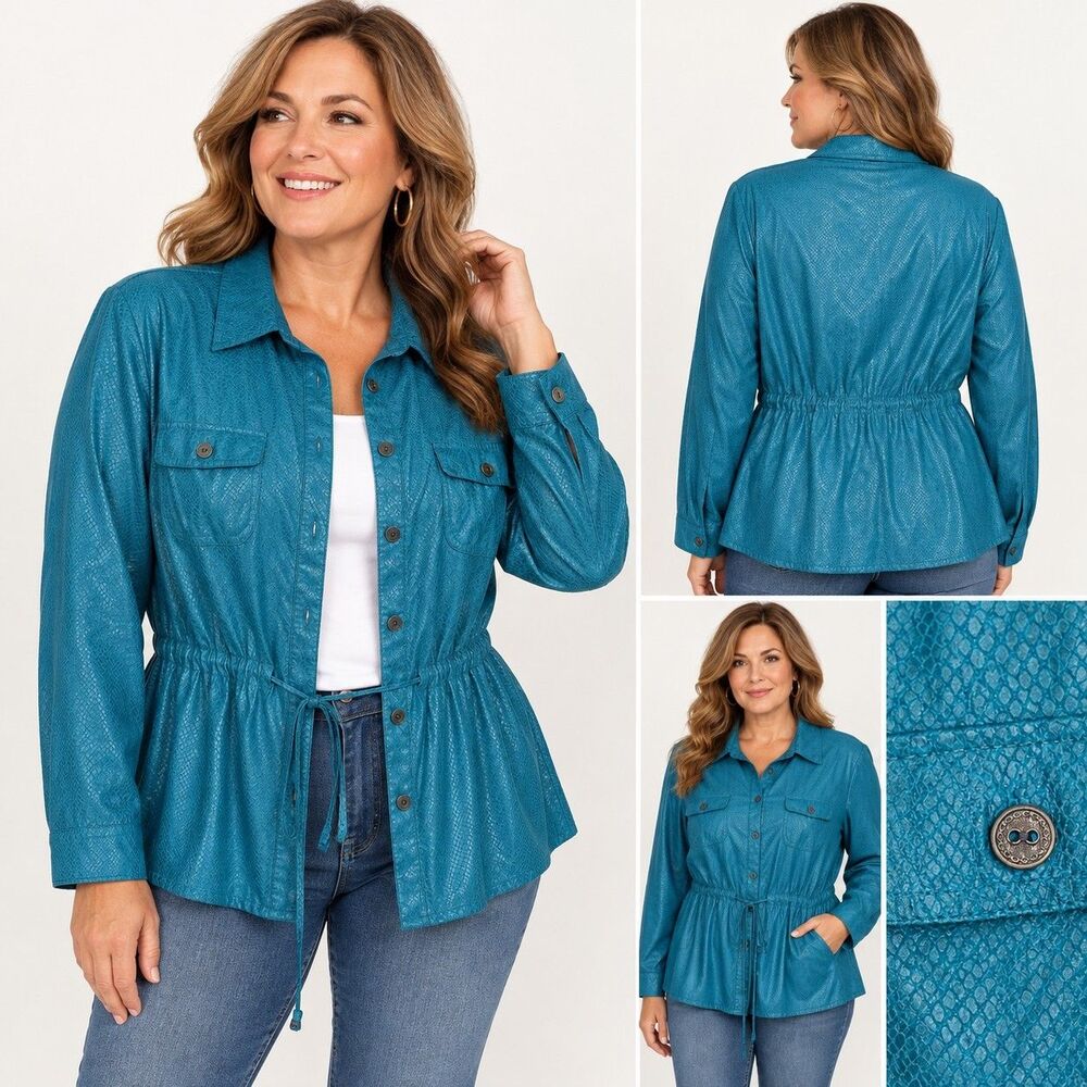Southern Lady Womens 18 Teal Faux Snakeskin Jacket Button Front Drawstring Y2K